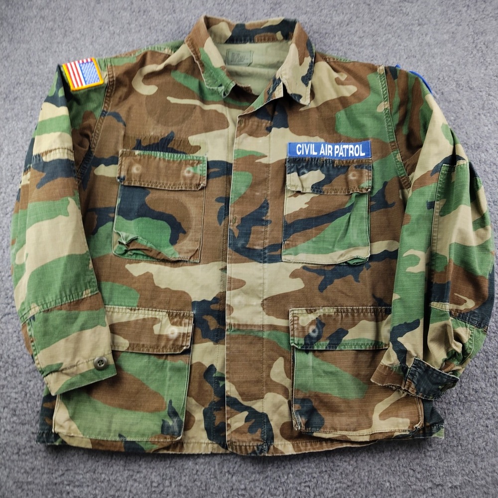 VTG 80s Combat Coat Men Small Woodland Camo Civil Air Patrol 100% Cotton Patches